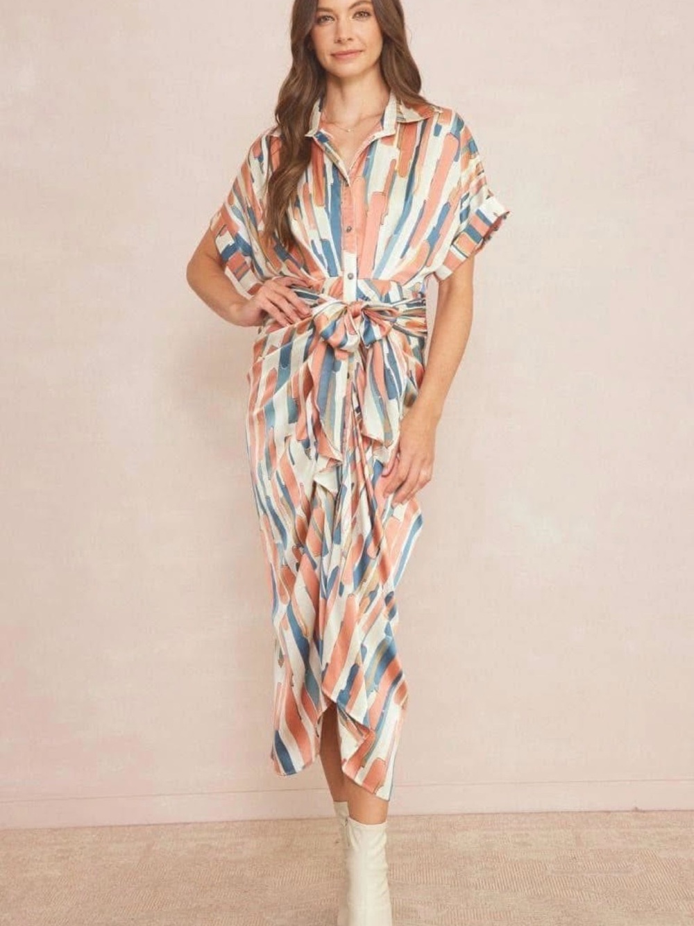 entro Multicolor Striped Button-Down Blouse in Coral, Teal, Pink, Mustard